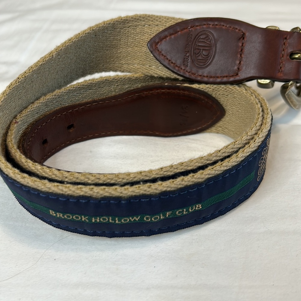 Brook Hollow Golf Club Belt. Size 35. Navy blue and green on canvas.